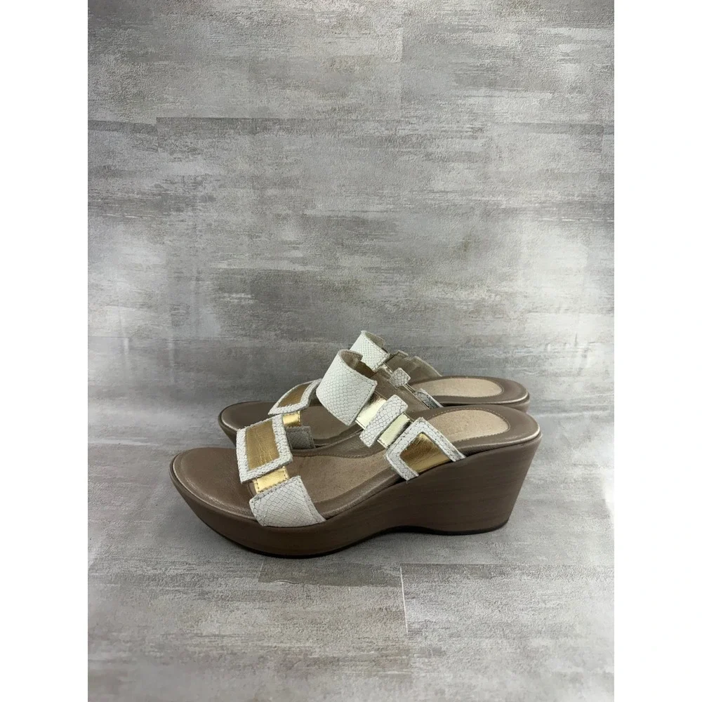 Naot Women White Gold Snakeskin Leather Wedge Sandals Sz EU 39 Slide